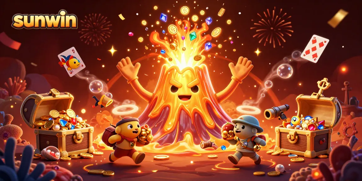 Experience the thrill of winning at sunwin as a golden volcano erupts joyfully with treasure.