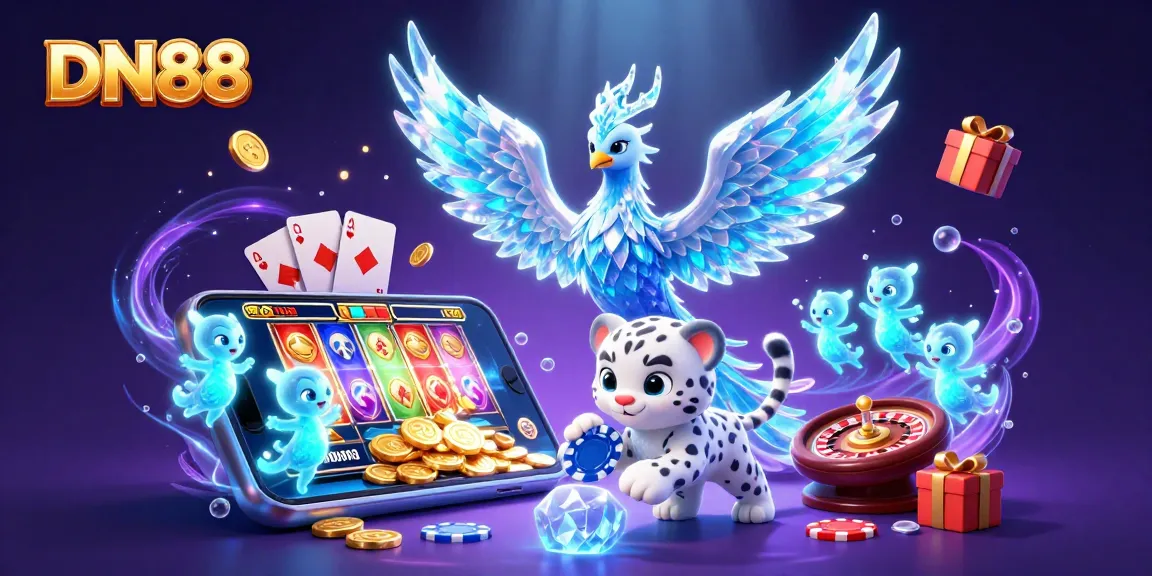 In DN88's vibrant casino world, a glowing ice phoenix and playful snow leopard cub engage in an exciting gaming experience.
