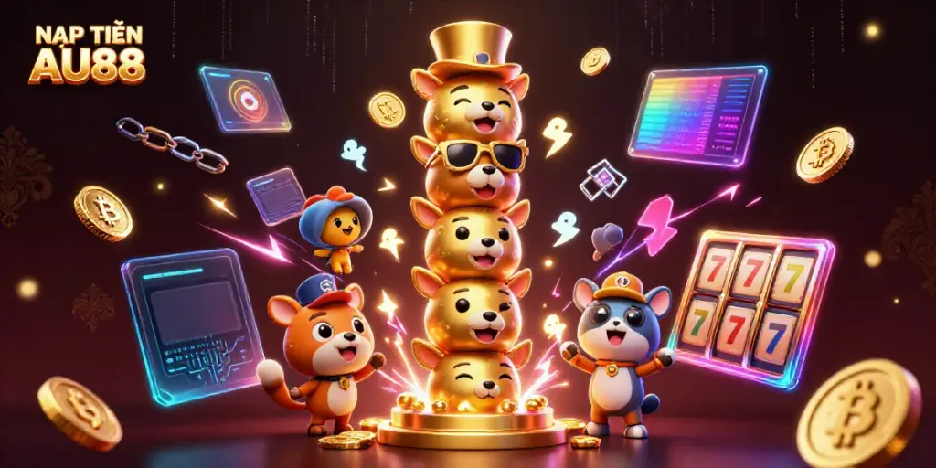 NẠP TIỀN AU88 with a vibrant cartoon scene featuring a golden totem pole and cryptocurrency elements.