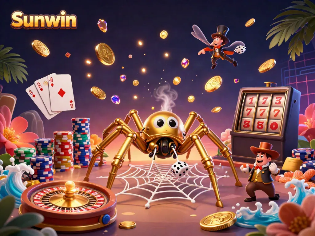 Experience thrilling gameplay with Sunwin in this vibrant 3D casino scene featuring golden spider and poker elements.