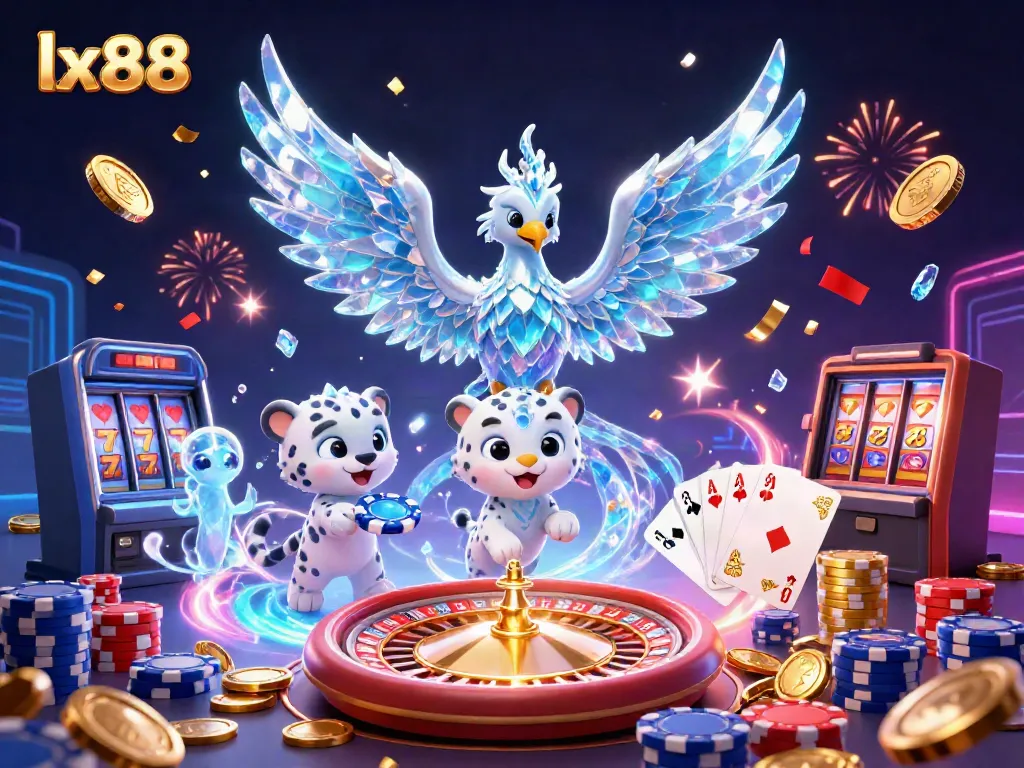Experience the magic of lx88 with a vibrant 3D casino scene featuring an ice phoenix and winning poker action.