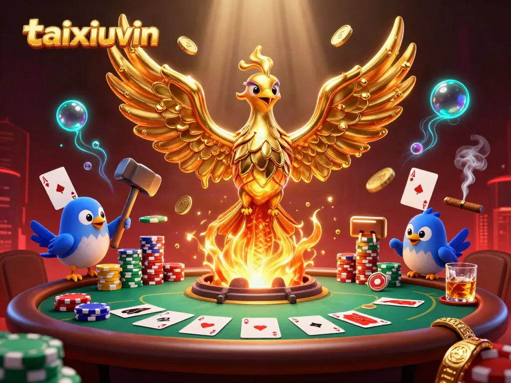 Experience the thrill of taixiuvin with a molten golden phoenix and dynamic poker elements.