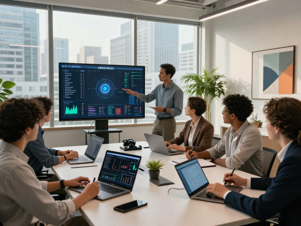 Diverse finance professionals collaborating on the latest DRAGON222 link developments in a modern office setting, showcasing technology and teamwork.