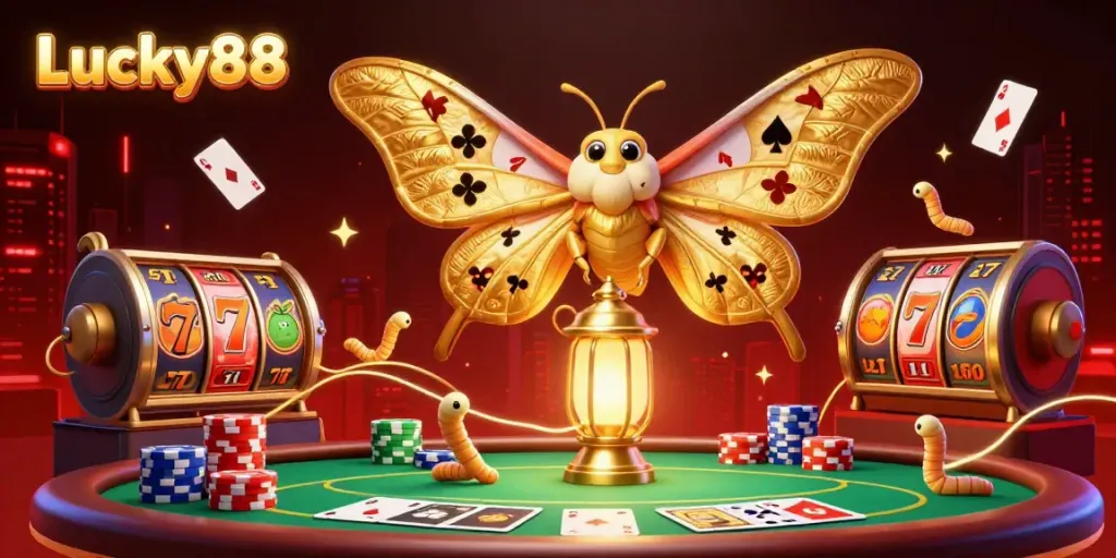 Engage in thrilling gaming action with Lucky88, featuring a vibrant 3D scene of a casino moth surrounded by slots and poker tables.