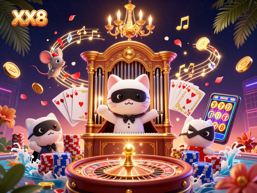 Experience excitement at XX8 with dazzling casino graphics showcasing a lively gaming atmosphere.