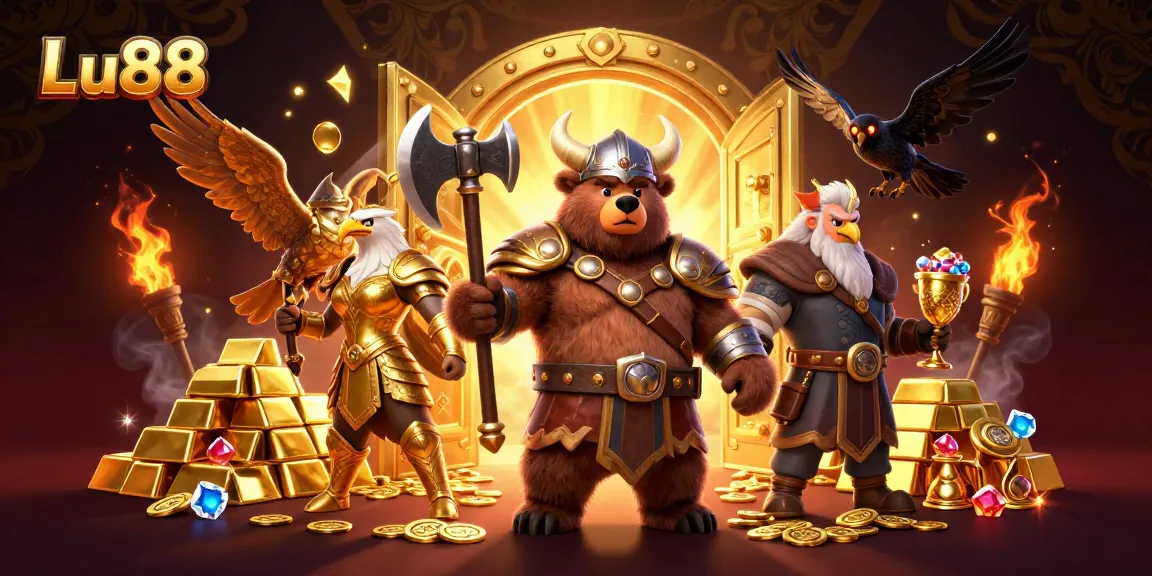 Experience thrilling gaming adventures at Lu88 with a Viking bear and Valkyrie eagle in a treasure-filled casino.