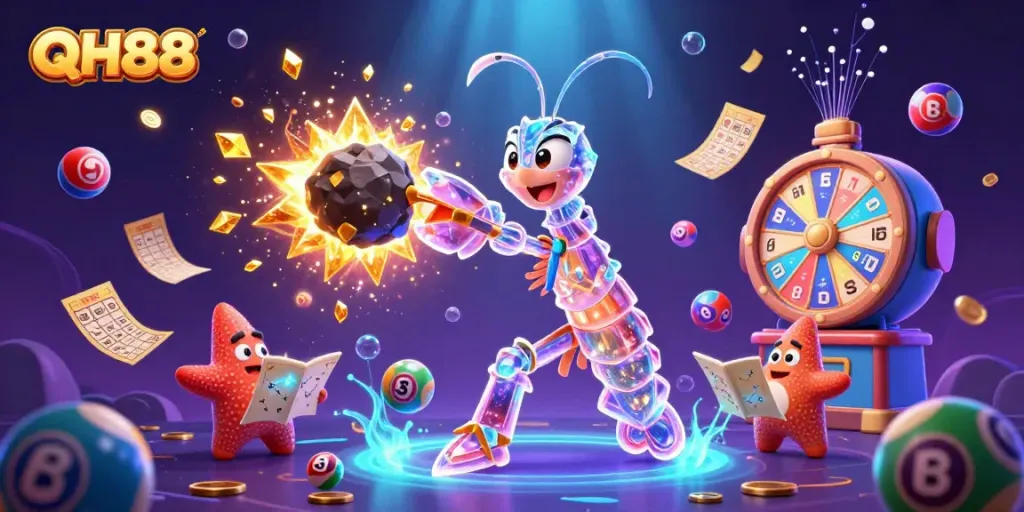 Experience thrilling gaming at QH88 with dynamic golden gems, vibrant lottery balls, and colorful prizes in a captivating illustration.