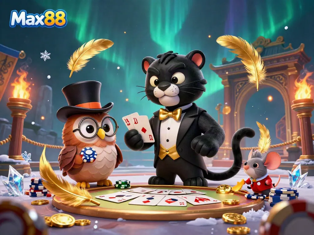 Engage with Max88 as a stylish panther deals cards in a vibrant 3D casino illustration.