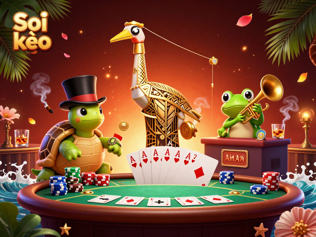 Soi kèo showcases an exciting 3D casino scene featuring a vibrant crane, turtle, and frog amidst poker elements.