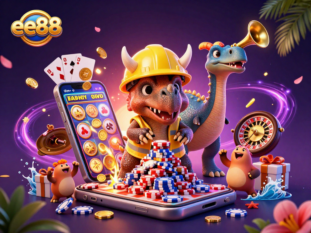 Engage with ee88's thrilling casino experience as the cartoon characters celebrate gaming success with cheerful energy.
