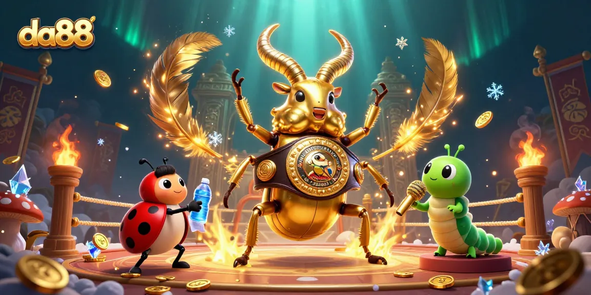 Experience the excitement with da88's golden beetle champion in a dynamic betting arena surrounded by dazzling coins and colors.