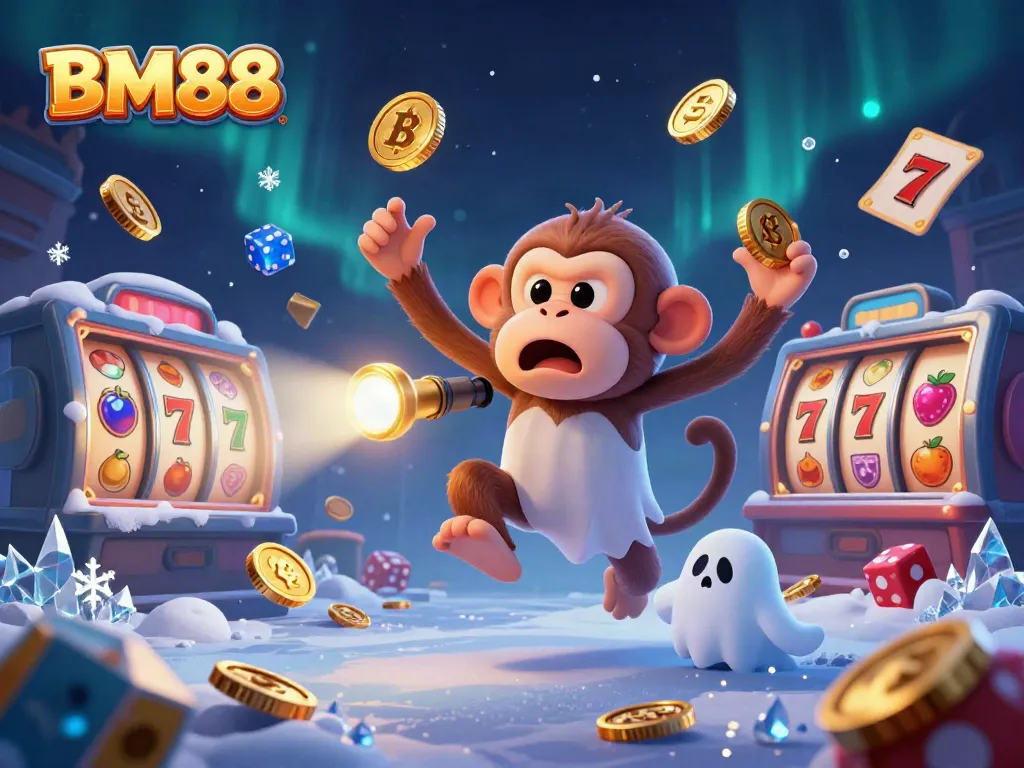 BM88 showcases a lively haunted casino scene with a mischievous monkey juggling golden objects amidst slot machines.