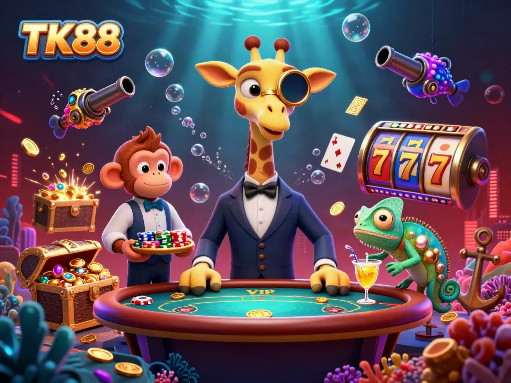 Experience excitement with TK88 as a high-roller giraffe plays poker amidst scattered casino treasures.