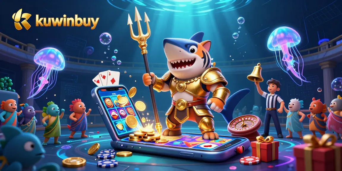 kuwinbuy showcases a vibrant underwater casino scene with a tiger shark and exciting gaming elements.