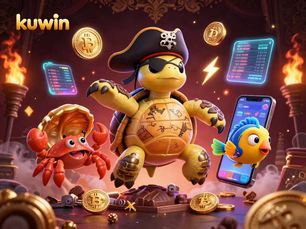 Kuwin pirate turtle and friends celebrate with glowing cryptocurrencies and a packed casino scene.