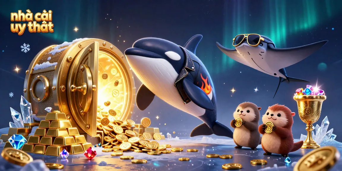 The dynamic scene showcases nhà cái uy tín, featuring a 3D cartoon orca, stingray, and otters surrounded by treasure elements.
