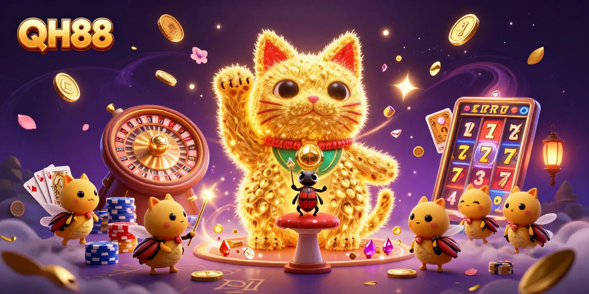 Join the excitement at QH88, where golden fireflies and a lucky cat celebrate winning casino moments.