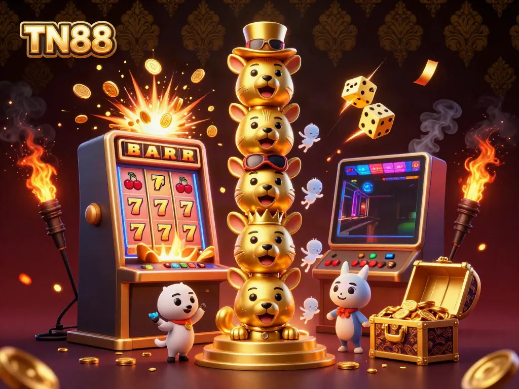 Experience the jackpot excitement with TN88 as a vibrant totem pole surrounded by colorful casino games and gold coins.