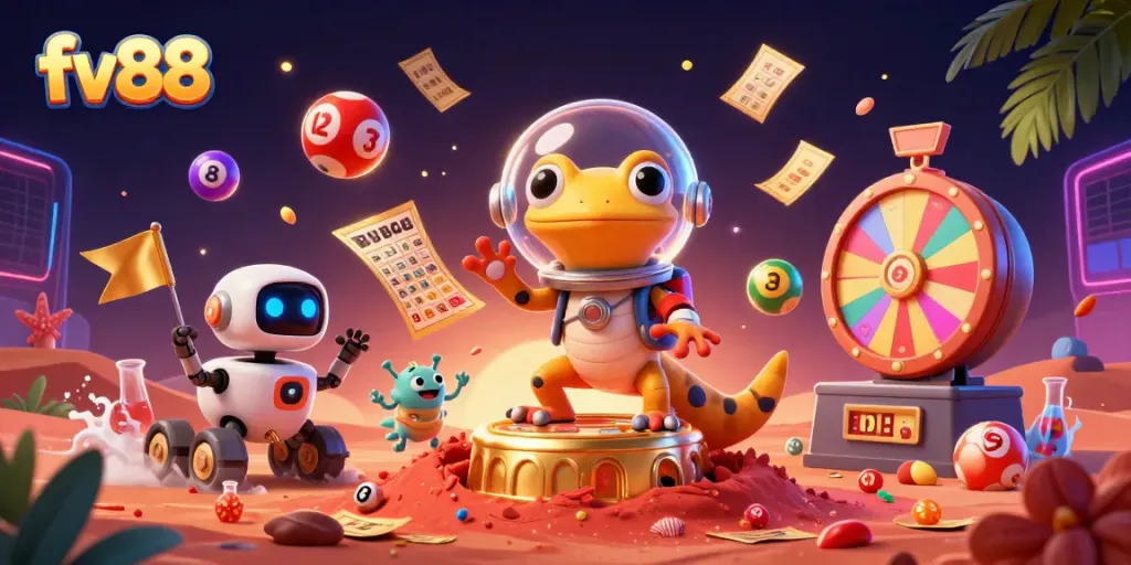 Engage with fv88's alien casino adventure featuring a Martian gecko and vibrant lottery elements.