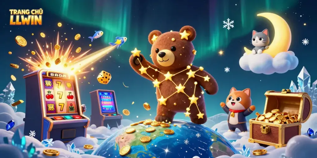 Celebrate winnings at TRANG CHỦ LLWIN with a vibrant scene of bears and celestial elements.