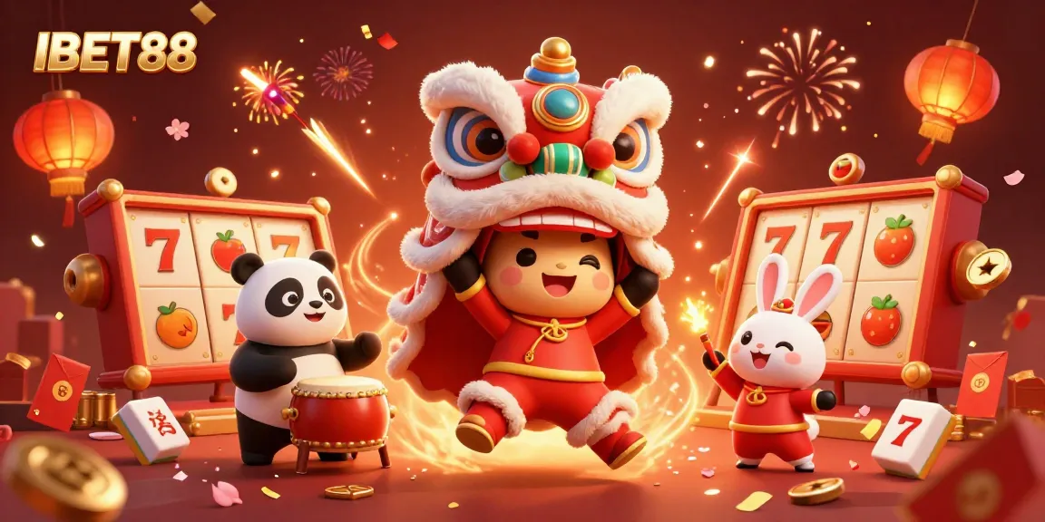Experience the excitement of IBET88 with vibrant visuals of a Chinese New Year celebration, complete with fun casino elements.