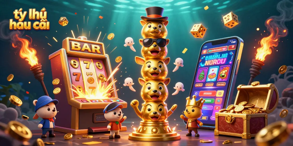Engage with tỷ lệ nhà cái while exploring vibrant 3D casino elements including colorful slot machines and totem poles.