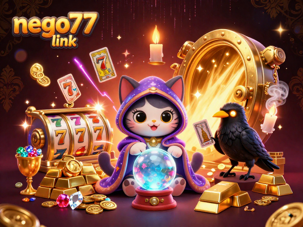 Engage with nego77 link's vibrant casino world, featuring mystic characters, sparkling slots, and treasure.