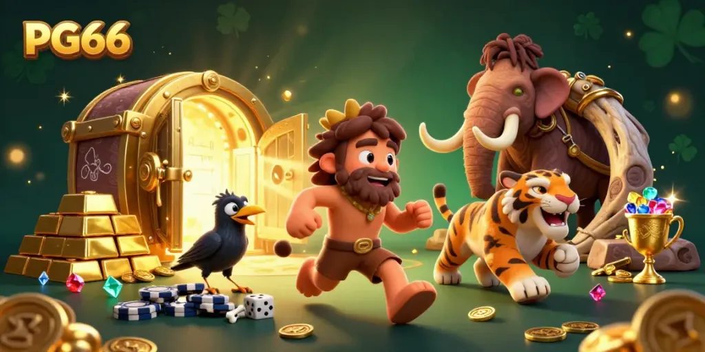 Experience thrilling action at PG66' prehistoric casino with lively characters and gold treasures.
