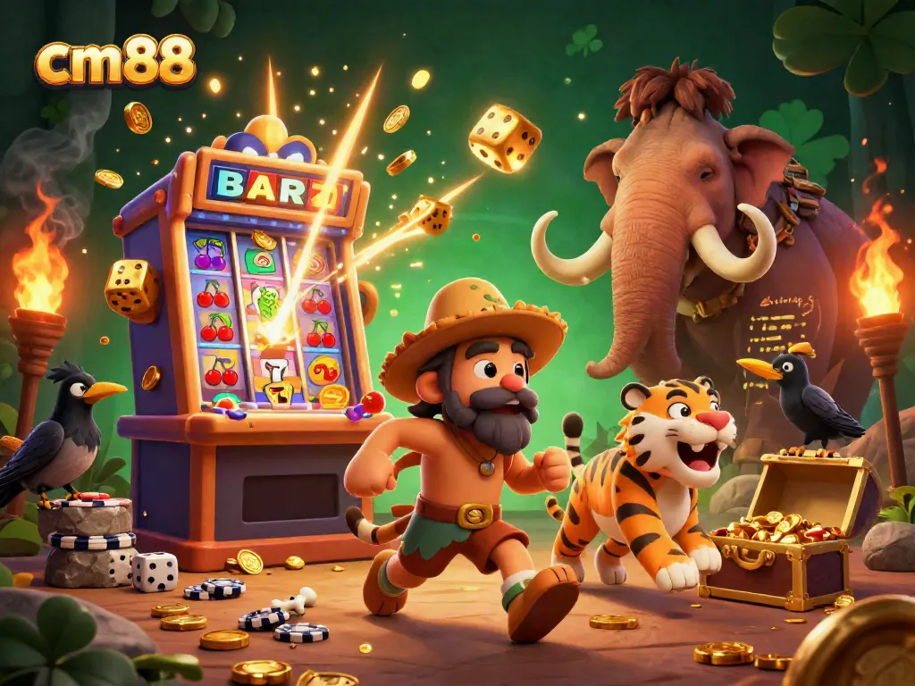 Experience the vibrant casino scene with cm88's caveman duo and lavish slot machines.