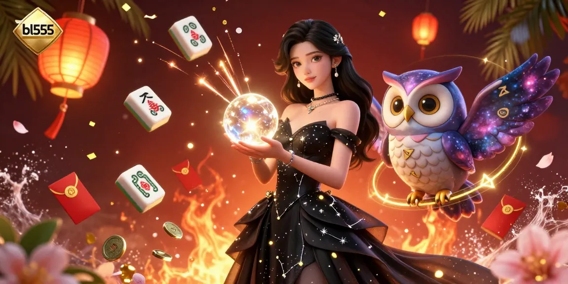 Experience the thrilling vibes of bl555 with a celestial woman, mystical owl, and enriching gaming elements dynamically fused in a casino-themed illustration.