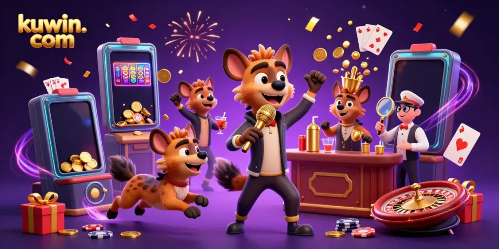 Experience vibrant comedy in a casino scene at kuwin. com with animated hyenas in action.