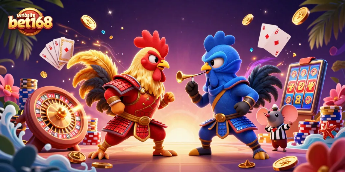 Engage in thrilling action on the website bet168 with animated roosters battling amidst casino magic.