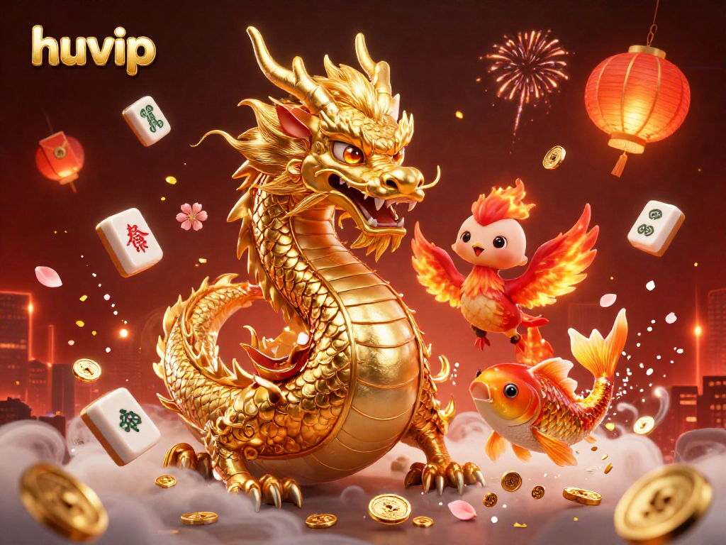 Experience excitement with huvip's vibrant casino scene featuring a dragon, phoenix, and koi fish.