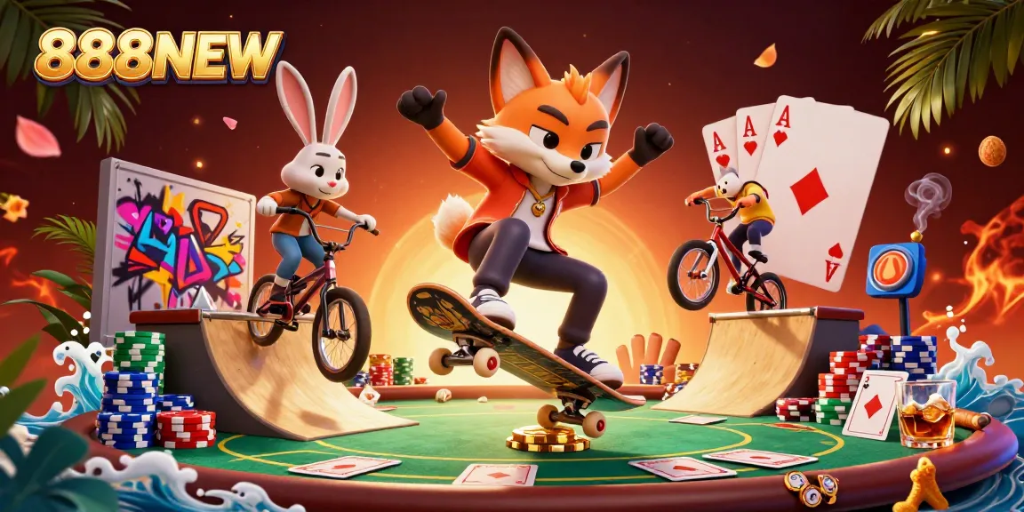Experience an action-packed scene of 888NEW with a skateboarder fox and BMX-riding rabbit showcasing extraordinary casino tricks.