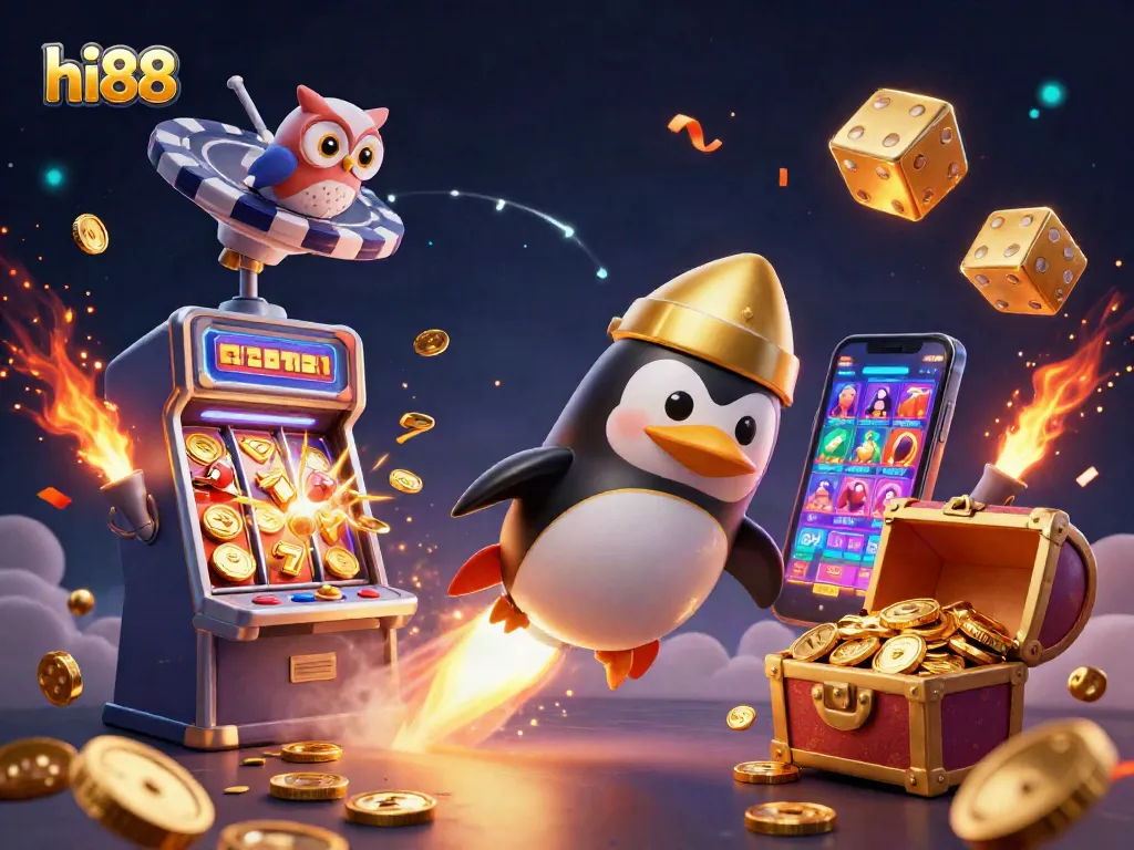 Experience thrilling wins at hi88 with a captivating scene of gaming excitement featuring a golden penguin and bursting slot machines.