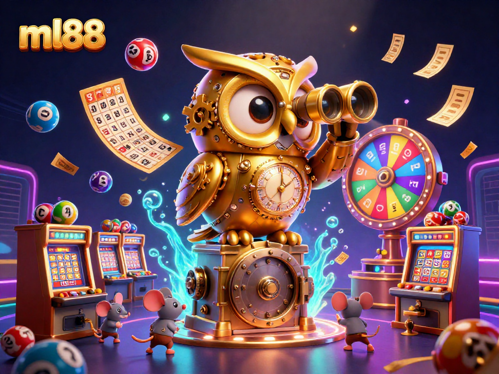 Experience thrill at ml88 with a vibrant 3D casino illustration featuring a magical golden owl and dynamic game elements.