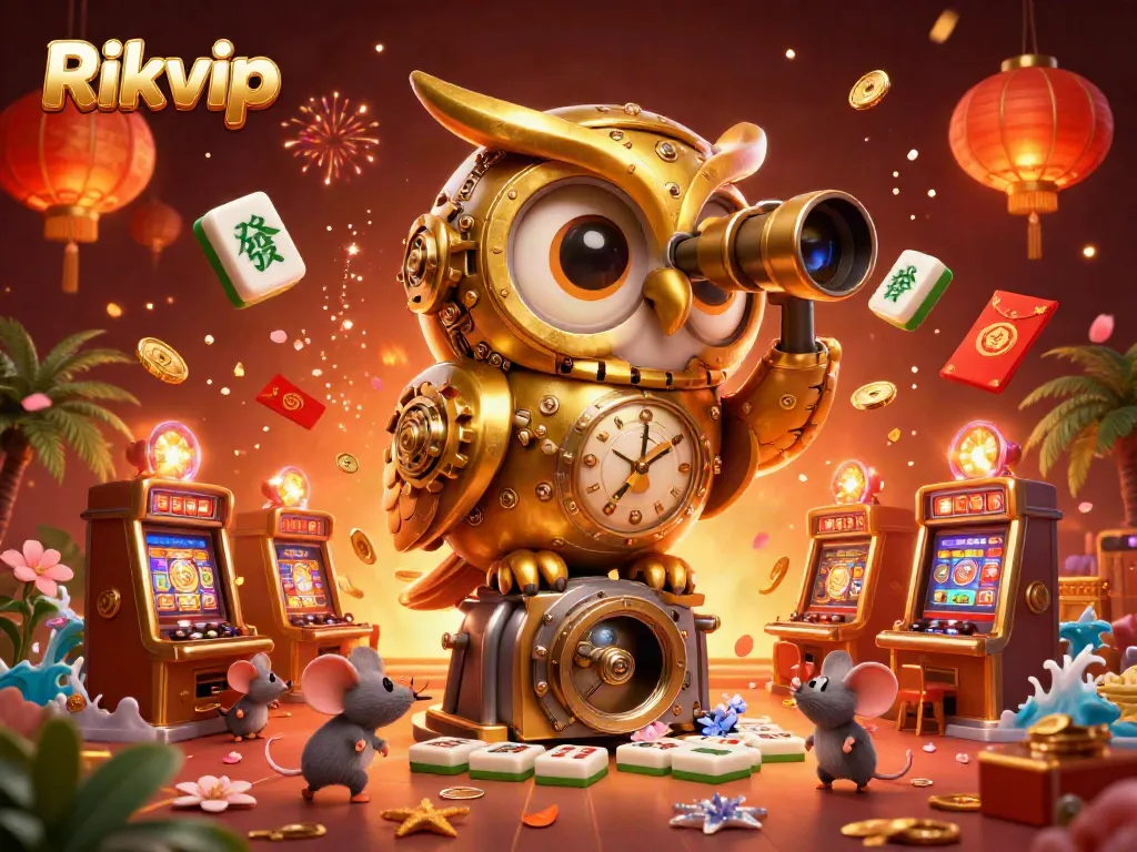Experience the vibrant world of Rikvip, where a golden owl oversees the bustling casino floor filled with action.