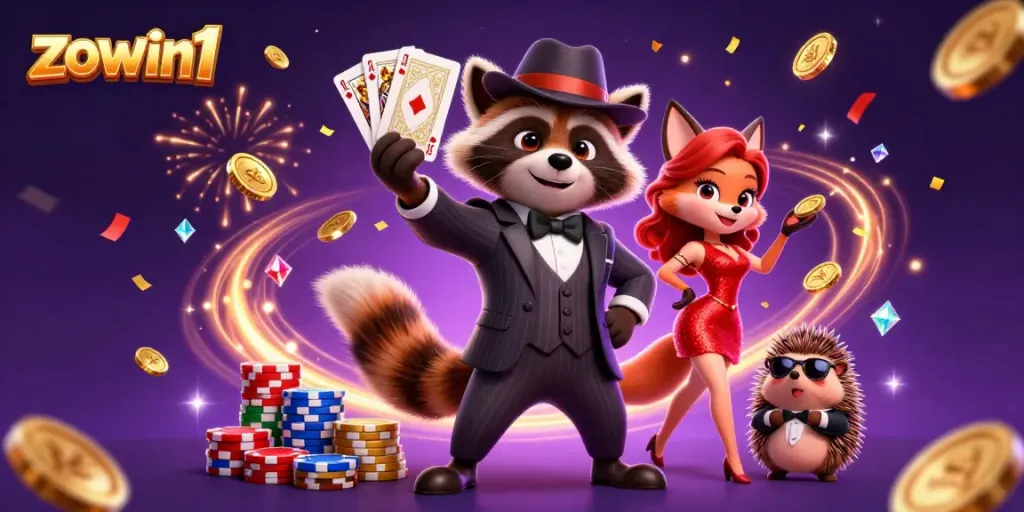 Zowin1 features an exciting casino scene with charming anthropomorphic characters surrounded by coins and chips.