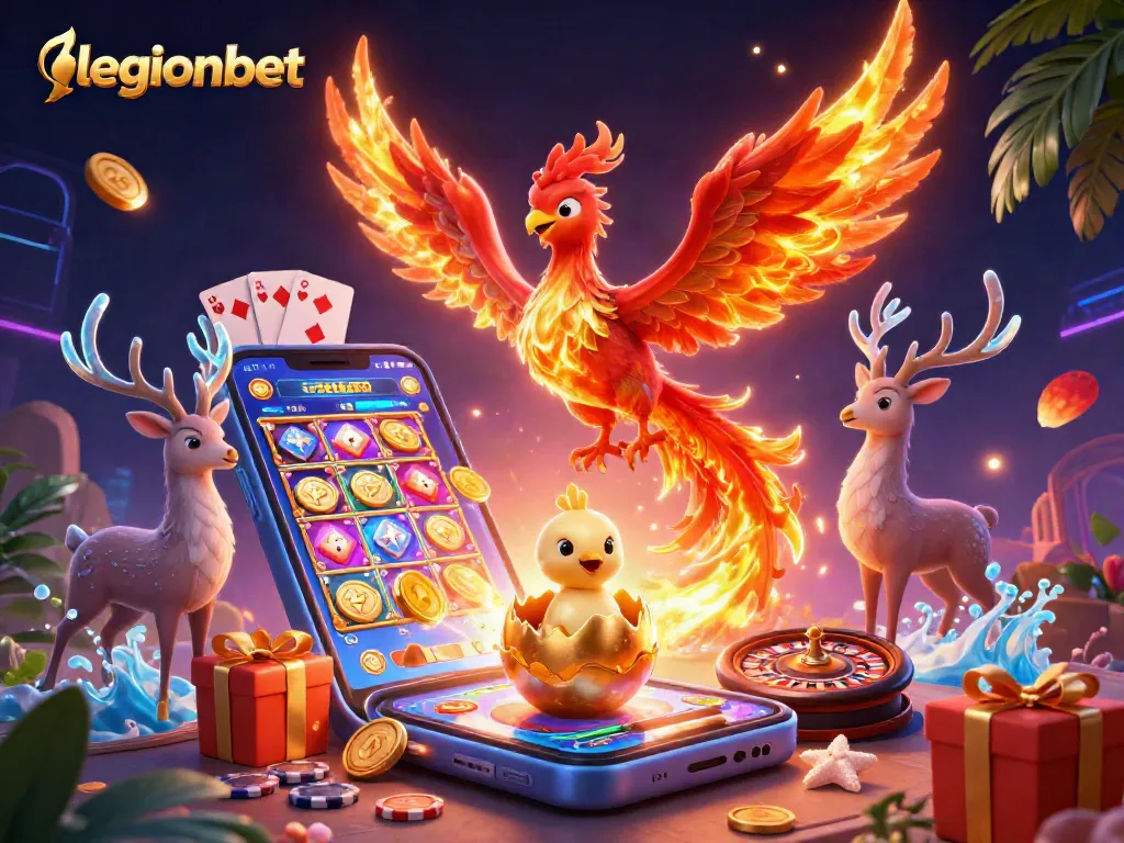 Engage with legionbet's thrilling casino experience featuring a vibrant phoenix and gaming elements.
