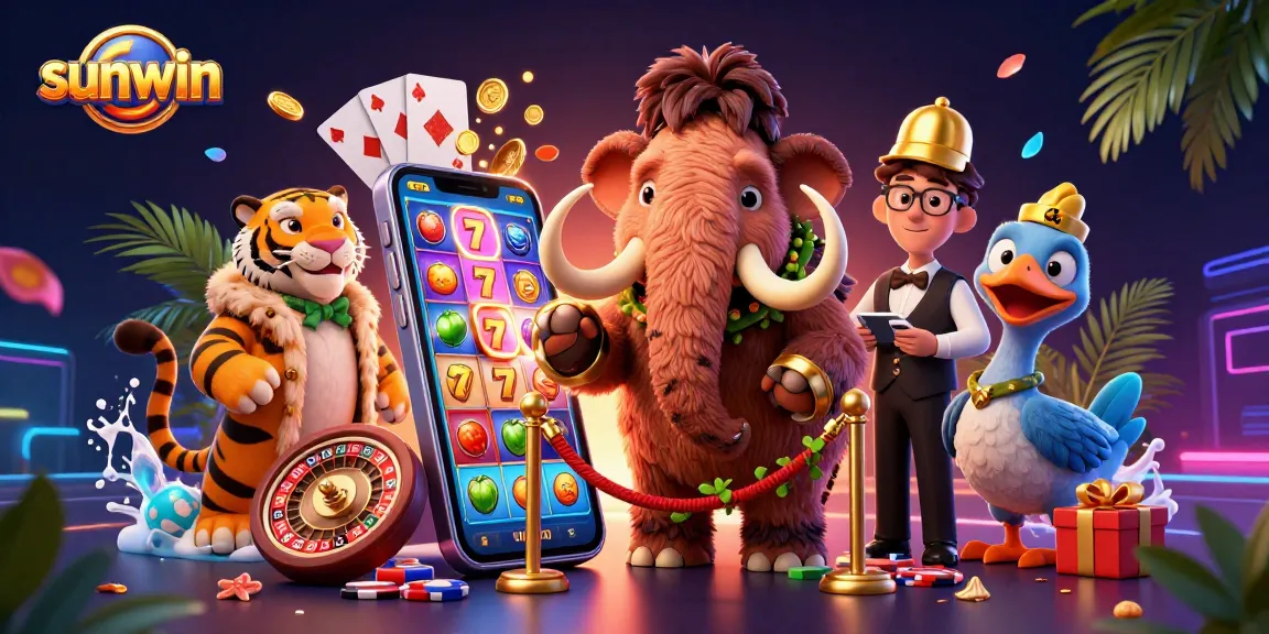 Join the vibrant sunwin casino scene with a woolly mammoth bouncer and saber-tooth VIP, surrounded by exciting slot games.