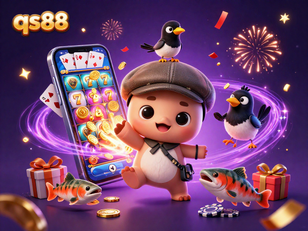 Experience thrilling wins with qs88's playful characters amidst vibrant casino elements.