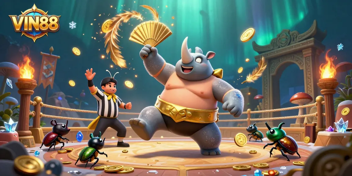 Experience thrilling gameplay at VIN88 with a dynamic sumo showdown of characters showering golden coins.
