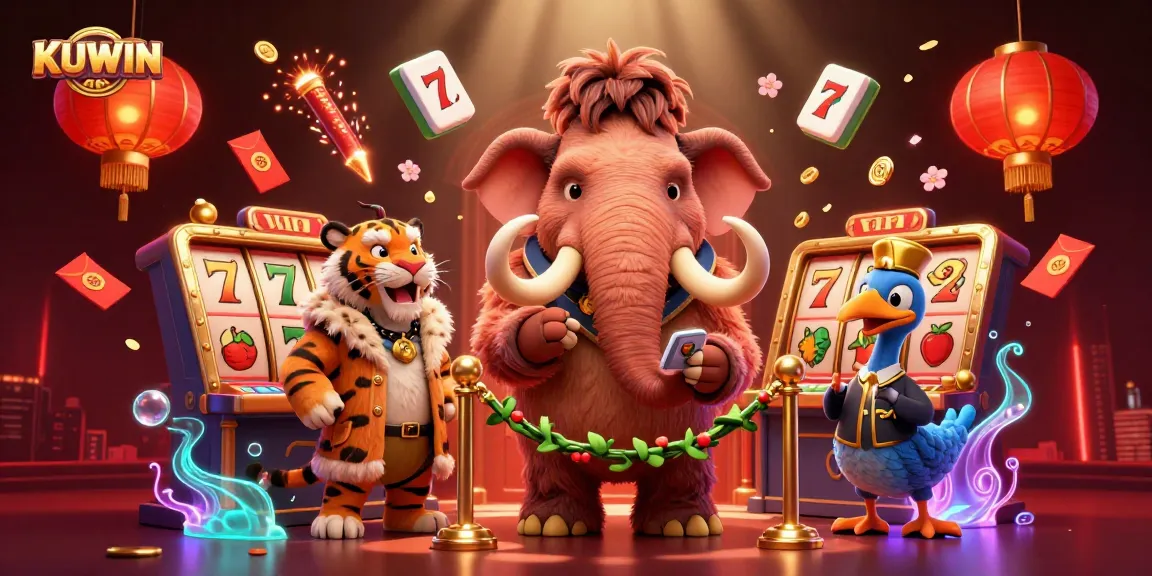 Engaging KUWIN casino illustration with a woolly mammoth bouncer checking IDs amidst vibrant slot game elements.