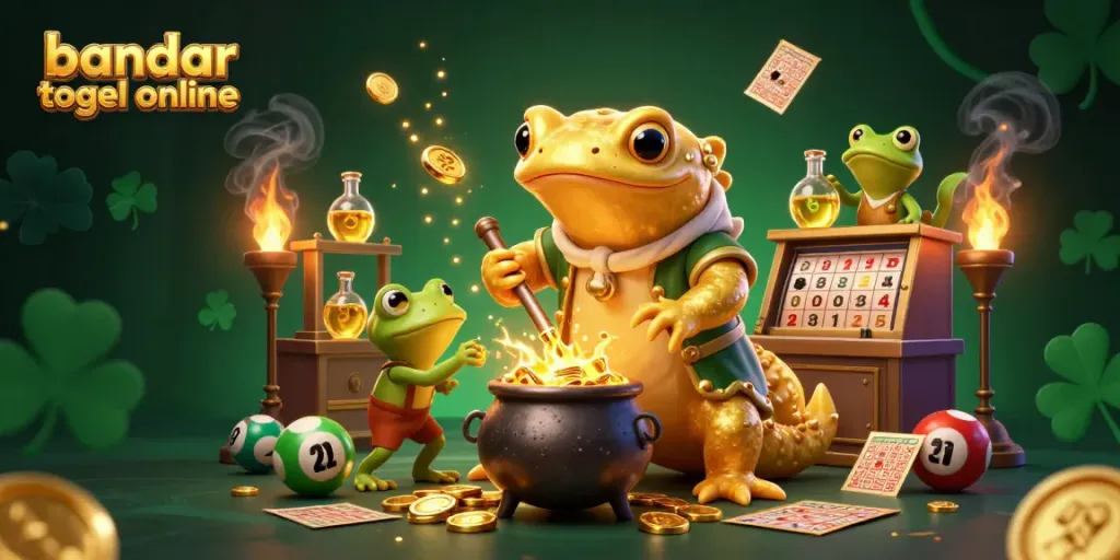 Experience the thrill of bandar togel online with a vibrant lottery-themed scene full of action and golden treasures.