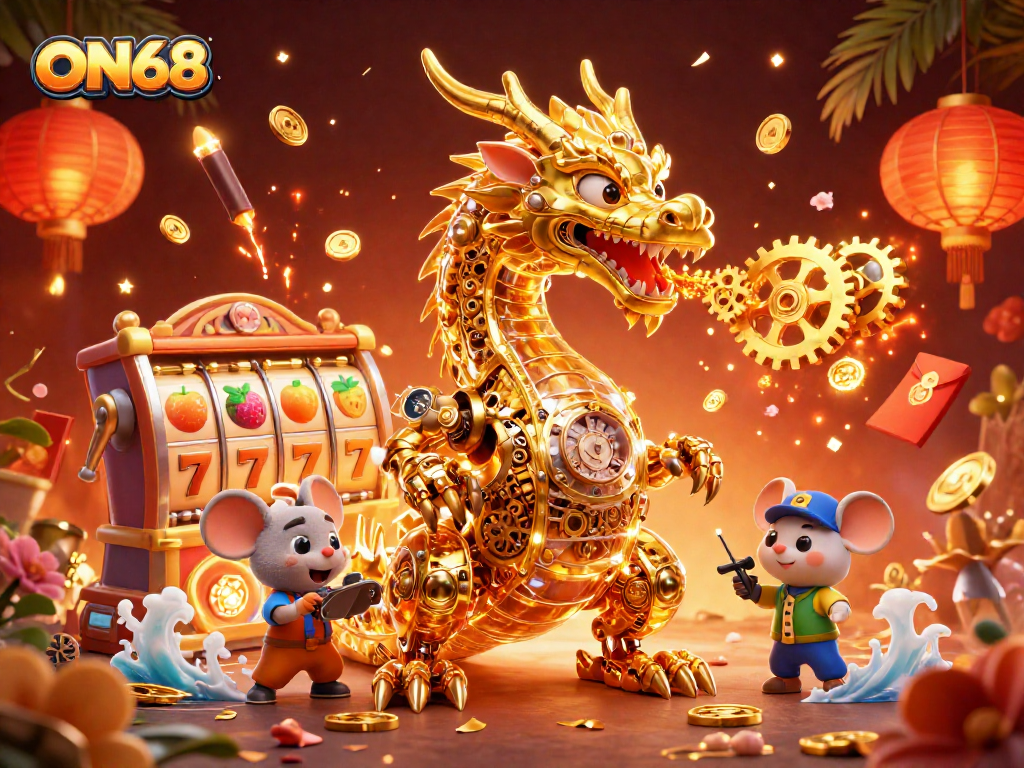 ON68 showcases a vibrant casino scene with a golden dragon and gaming elements, creating excitement.