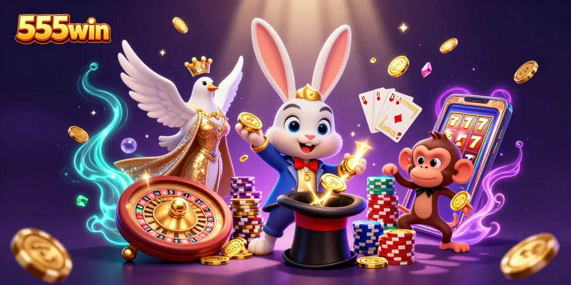 Experience the thrill of 555win with a cartoon magician and golden casino elements.