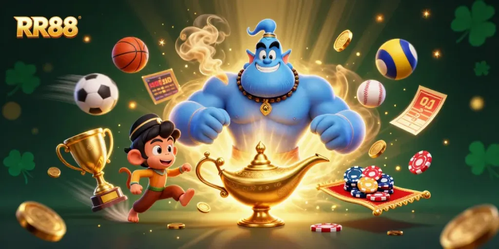 Experience the thrill at RR88 with an engaging illustration of a genie and gaming elements for online casino excitement.