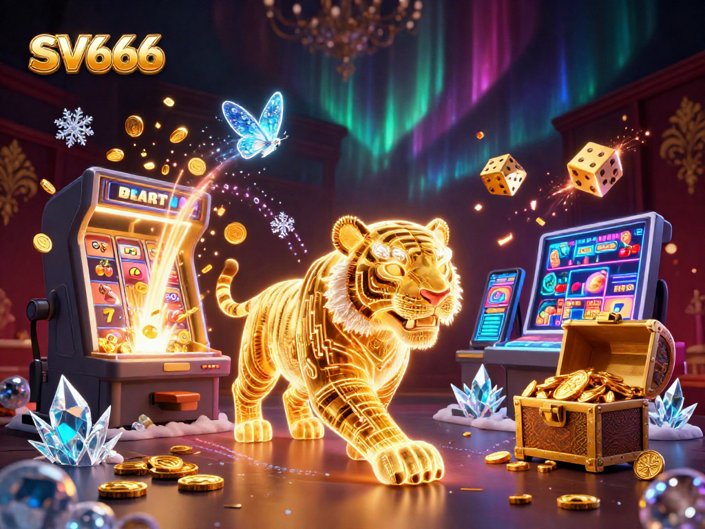 Experience the thrill of SV666 as golden tiger and holographic butterflies light up the digital casino.