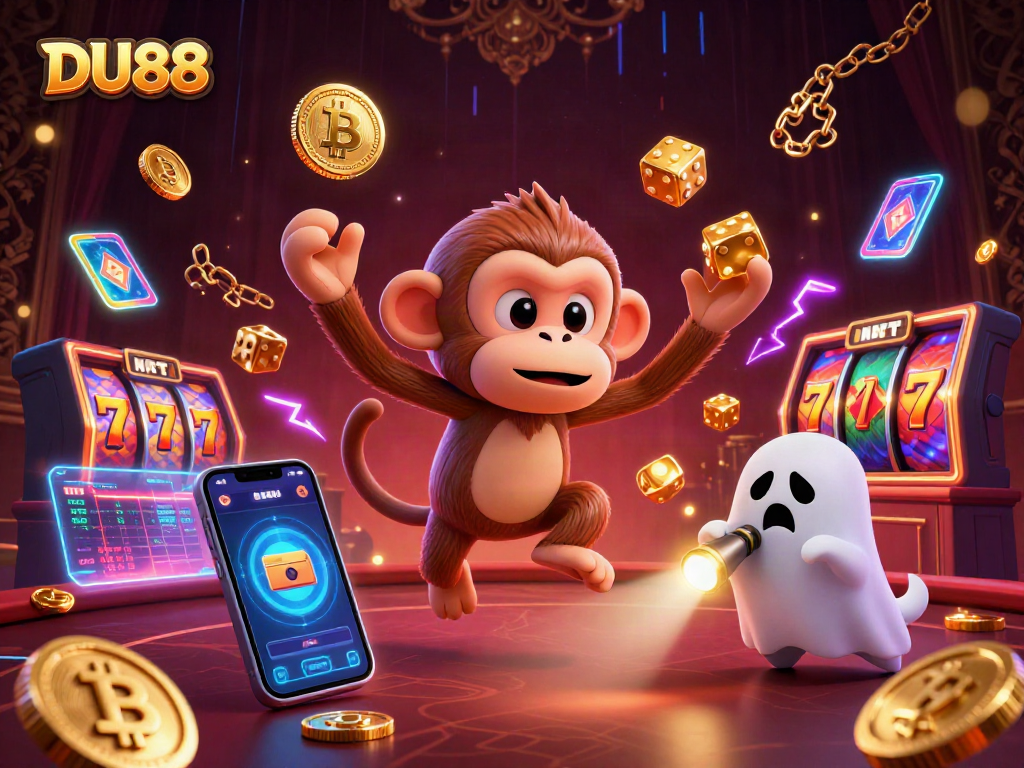 Experience the excitement of DU88 with a lively scene of a playful poltergeist monkey juggling golden casino items.