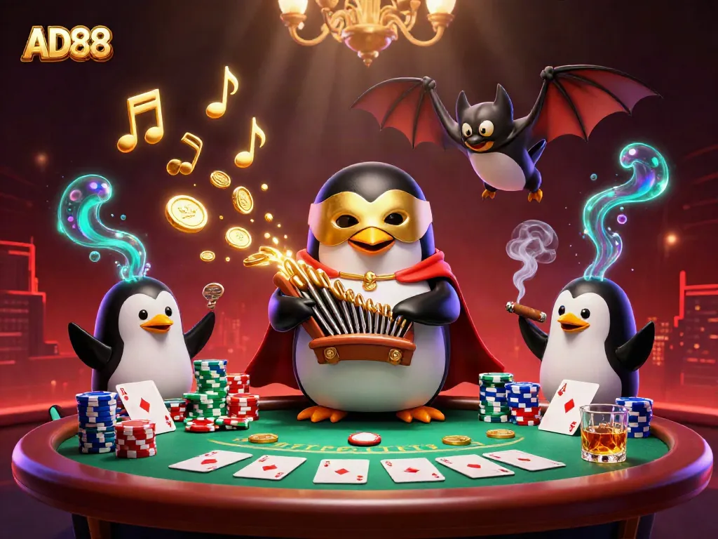 Experience the thrilling casino ambiance with AD88's vibrant gambling illustration featuring exciting characters and dynamic game elements.